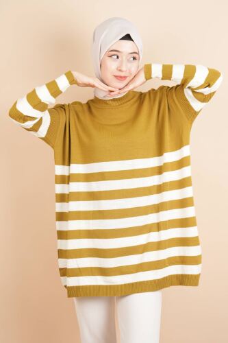 Yarım Balıkçı Yaka Tesettür Çizgili Tunik Kazak Yağ Yeşili - 4