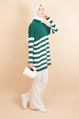 Yarım Balıkçı Yaka Tesettür Çizgili Tunik Kazak Zümrüt - 03Kız Kulesi Teks (1)