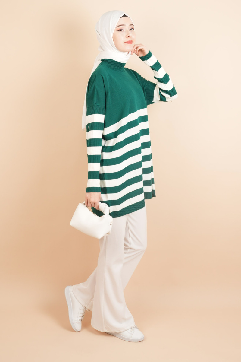 Yarım Balıkçı Yaka Tesettür Çizgili Tunik Kazak Zümrüt - 2