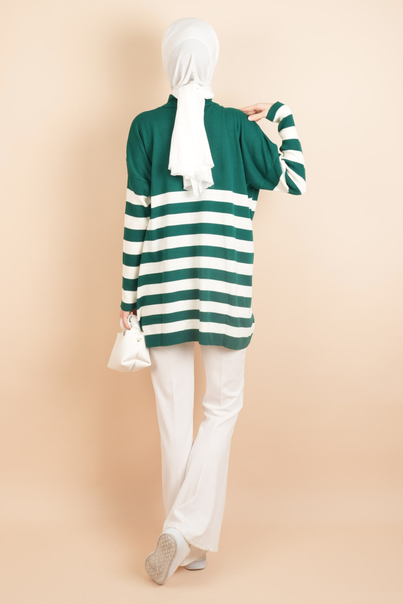 Yarım Balıkçı Yaka Tesettür Çizgili Tunik Kazak Zümrüt - 3