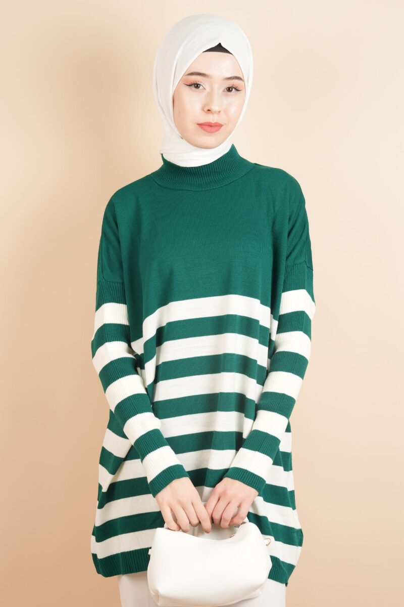 Yarım Balıkçı Yaka Tesettür Çizgili Tunik Kazak Zümrüt - 4