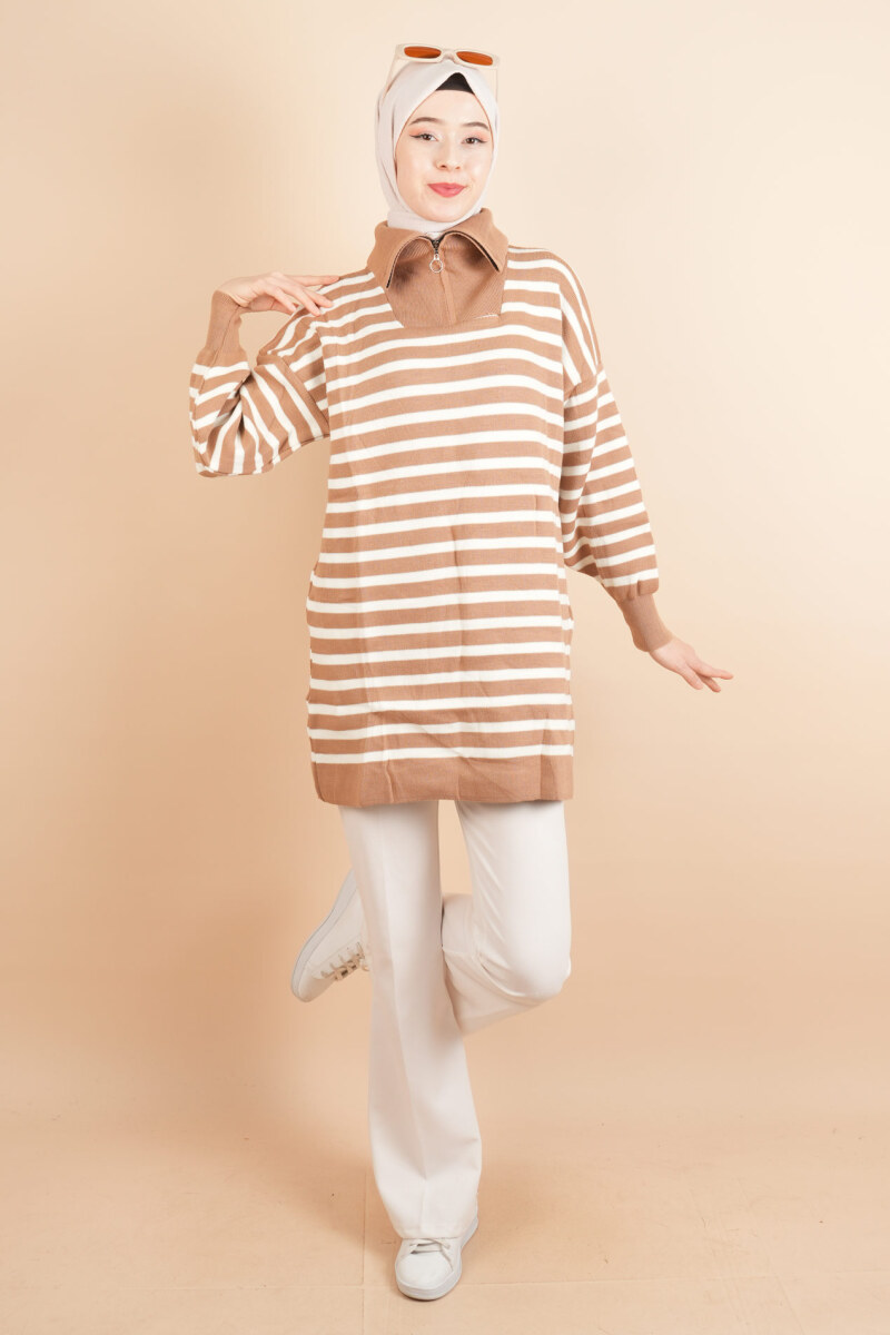 Yarım Fermuar Full İnce Çizgili Tesettür Tunik Kazak Bej - 1