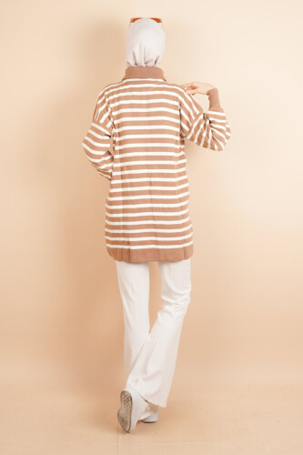 Yarım Fermuar Full İnce Çizgili Tesettür Tunik Kazak Bej - 03Kız Kulesi Teks (1)