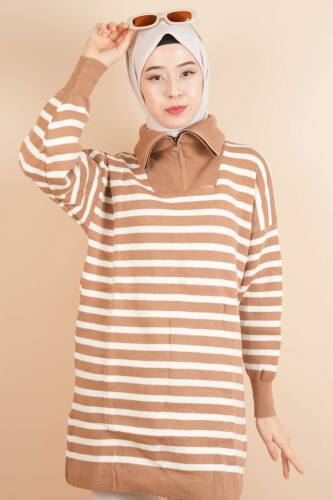 Yarım Fermuar Full İnce Çizgili Tesettür Tunik Kazak Bej - 4