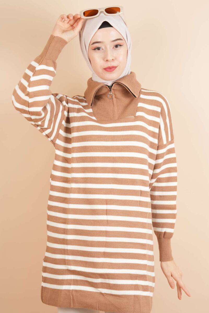 Yarım Fermuar Full İnce Çizgili Tesettür Tunik Kazak Bej - 4