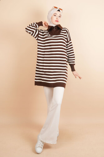 Yarım Fermuar Full İnce Çizgili Tesettür Tunik Kazak Kahverengi - 03Kız Kulesi Teks