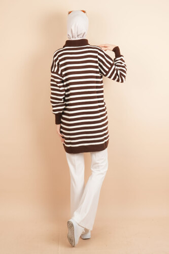 Yarım Fermuar Full İnce Çizgili Tesettür Tunik Kazak Kahverengi - 03Kız Kulesi Teks (1)