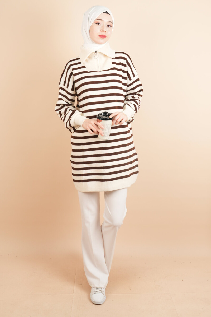 Yarım Fermuar Full İnce Çizgili Tesettür Tunik Kazak Krem - 1