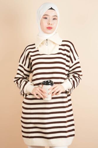 Yarım Fermuar Full İnce Çizgili Tesettür Tunik Kazak Krem - 03Kız Kulesi Teks (1)