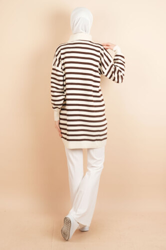 Yarım Fermuar Full İnce Çizgili Tesettür Tunik Kazak Krem - 3