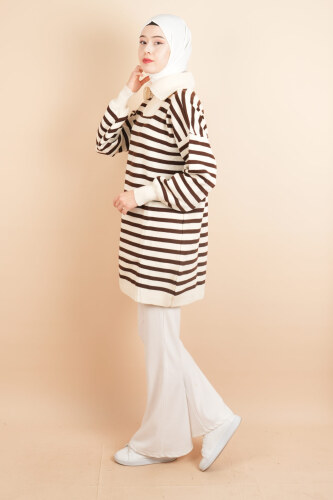 Yarım Fermuar Full İnce Çizgili Tesettür Tunik Kazak Krem - 4