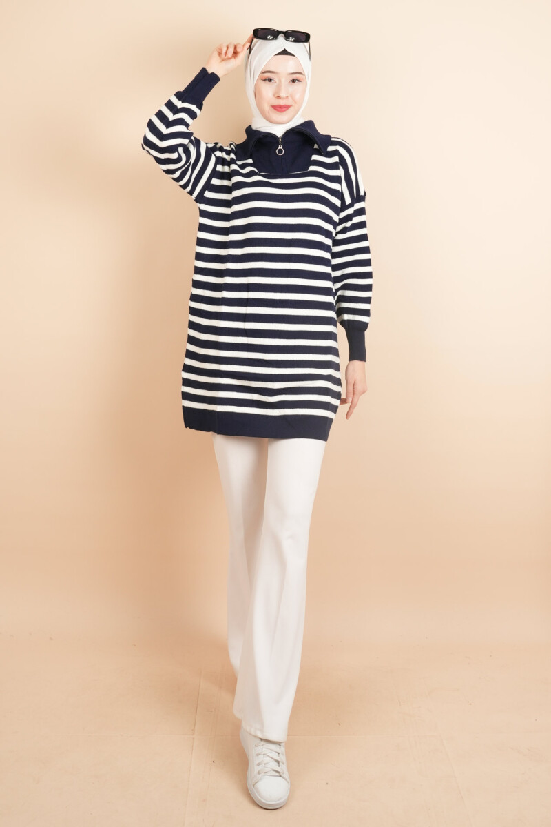 Yarım Fermuar Full İnce Çizgili Tesettür Tunik Kazak Lacivert - 1