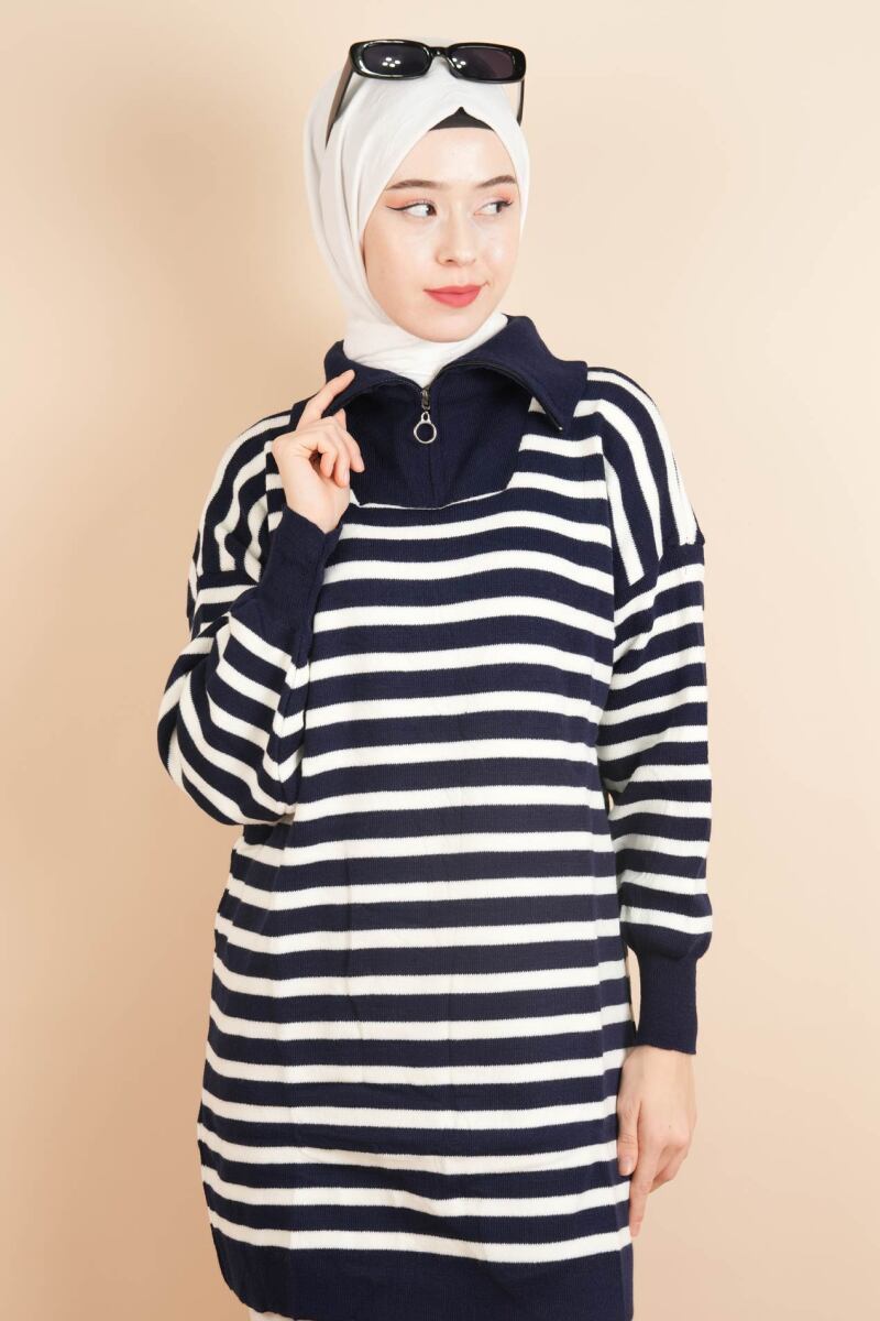 Yarım Fermuar Full İnce Çizgili Tesettür Tunik Kazak Lacivert - 2
