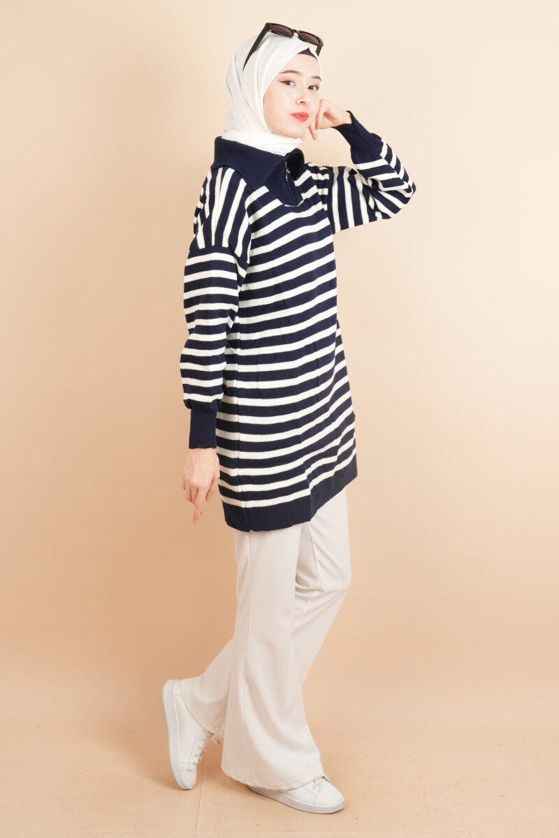 Yarım Fermuar Full İnce Çizgili Tesettür Tunik Kazak Lacivert - 3