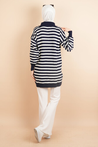 Yarım Fermuar Full İnce Çizgili Tesettür Tunik Kazak Lacivert - 4