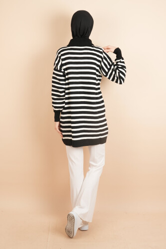 Yarım Fermuar Full İnce Çizgili Tesettür Tunik Kazak Siyah - 03Kız Kulesi Teks (1)