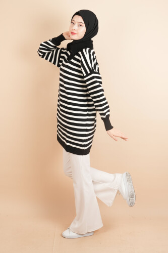 Yarım Fermuar Full İnce Çizgili Tesettür Tunik Kazak Siyah - 3