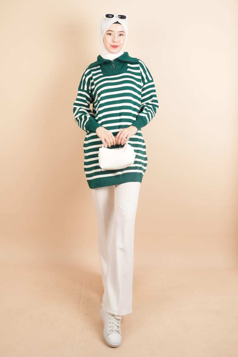 Yarım Fermuar Full İnce Çizgili Tesettür Tunik Kazak Zümrüt - 1
