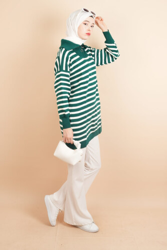 Yarım Fermuar Full İnce Çizgili Tesettür Tunik Kazak Zümrüt - 03Kız Kulesi Teks (1)