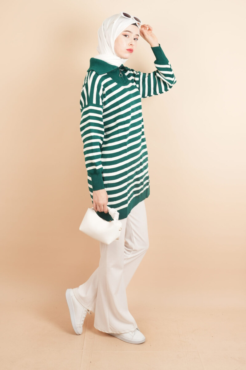 Yarım Fermuar Full İnce Çizgili Tesettür Tunik Kazak Zümrüt - 2