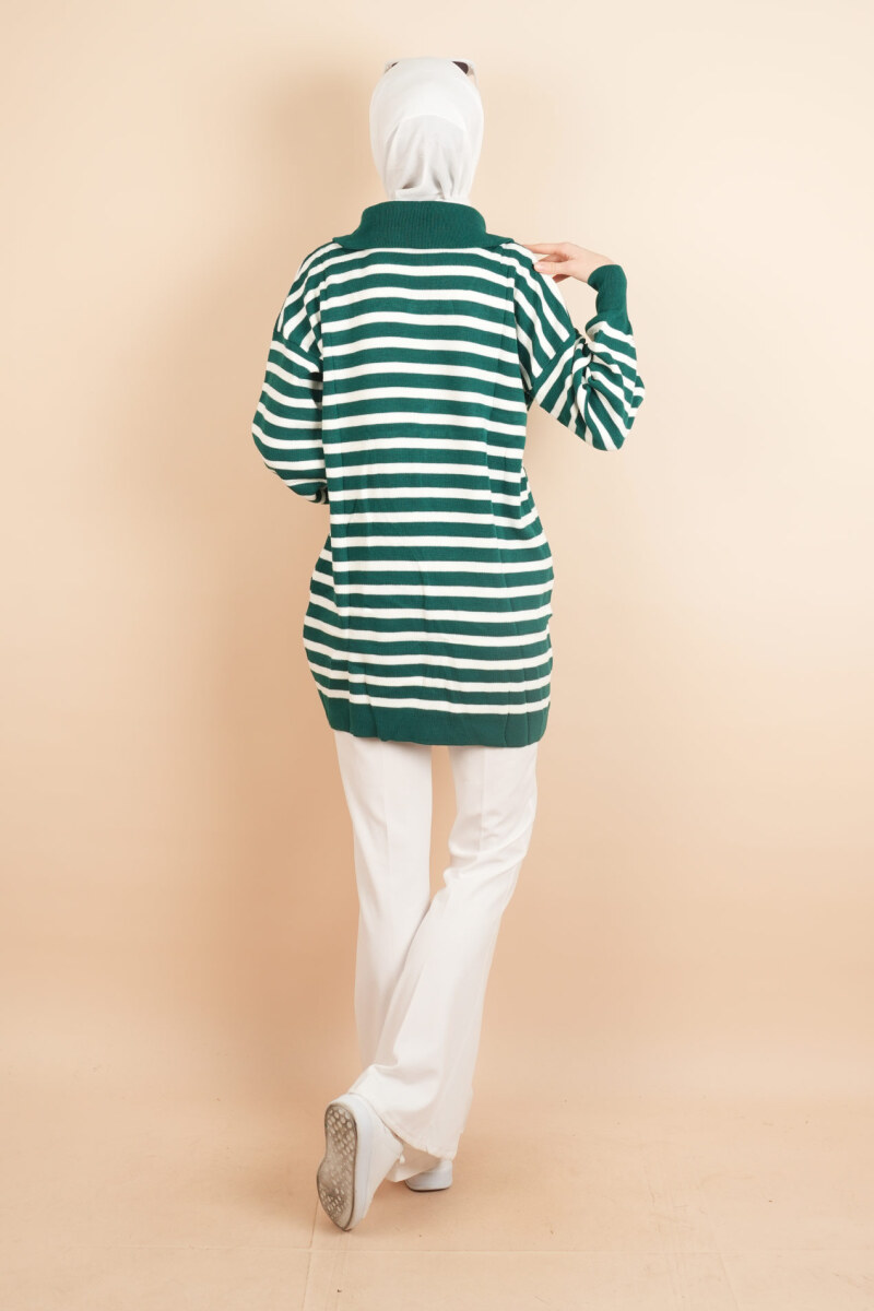 Yarım Fermuar Full İnce Çizgili Tesettür Tunik Kazak Zümrüt - 3