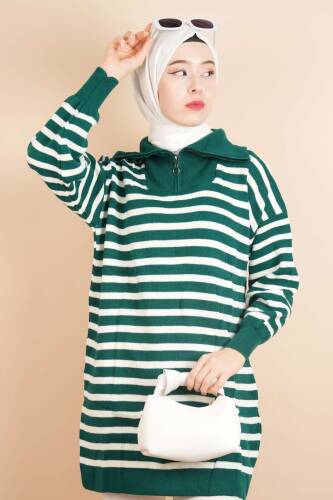 Yarım Fermuar Full İnce Çizgili Tesettür Tunik Kazak Zümrüt - 4