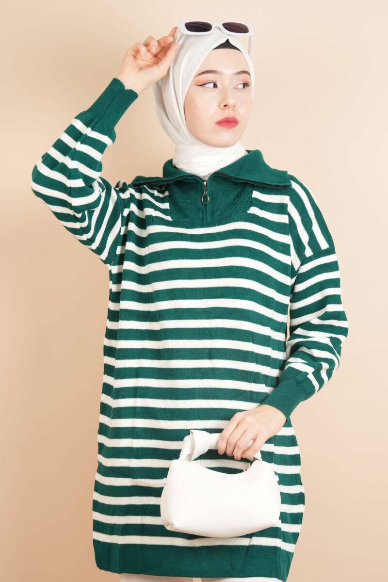 Yarım Fermuar Full İnce Çizgili Tesettür Tunik Kazak Zümrüt - 4