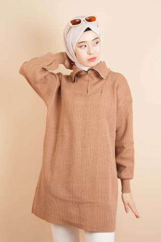 Yarım Fermuarlı Fitilli Tunik Kazak Bej - 03Kız Kulesi Teks