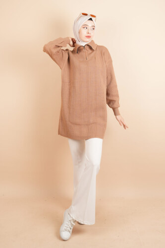 Yarım Fermuarlı Fitilli Tunik Kazak Bej - 03Kız Kulesi Teks (1)