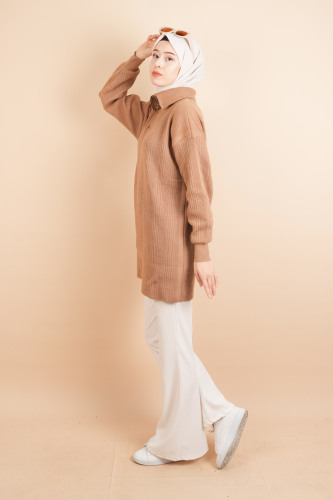 Yarım Fermuarlı Fitilli Tunik Kazak Bej - 3