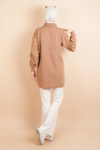 Yarım Fermuarlı Fitilli Tunik Kazak Bej - 4