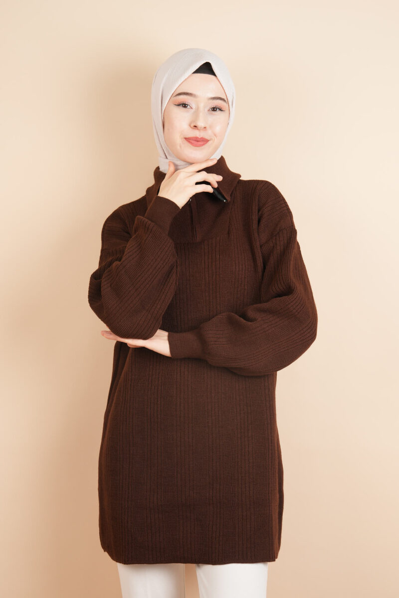 Yarım Fermuarlı Fitilli Tunik Kazak Kahverengi - 1