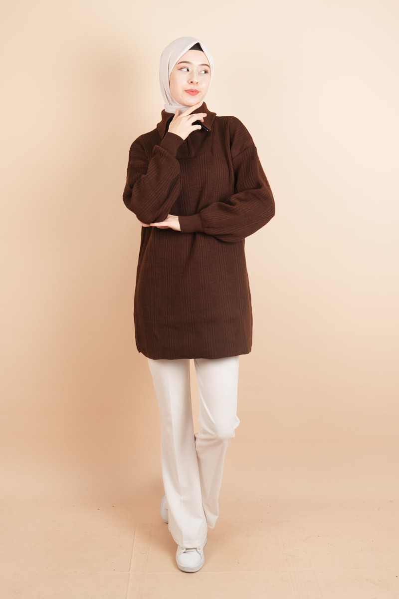 Yarım Fermuarlı Fitilli Tunik Kazak Kahverengi - 2