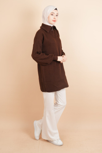 Yarım Fermuarlı Fitilli Tunik Kazak Kahverengi - 3