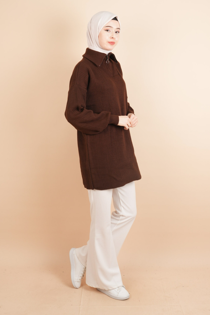 Yarım Fermuarlı Fitilli Tunik Kazak Kahverengi - 3