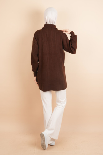 Yarım Fermuarlı Fitilli Tunik Kazak Kahverengi - 4