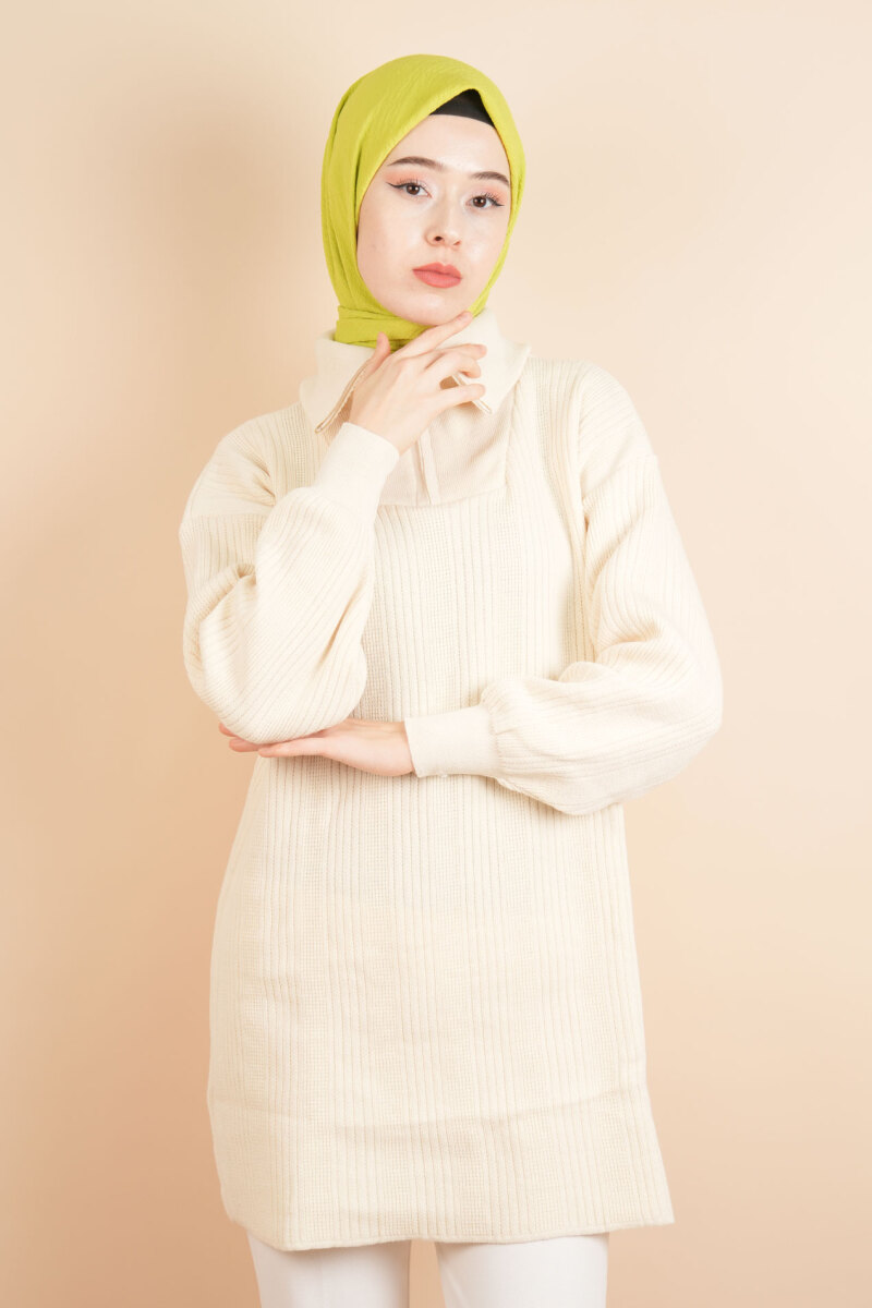 Yarım Fermuarlı Fitilli Tunik Kazak Krem - 1