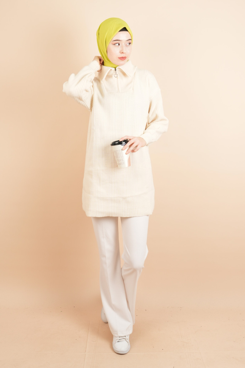 Yarım Fermuarlı Fitilli Tunik Kazak Krem - 2