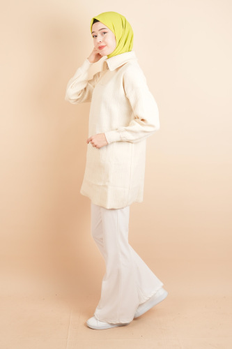 Yarım Fermuarlı Fitilli Tunik Kazak Krem - 3