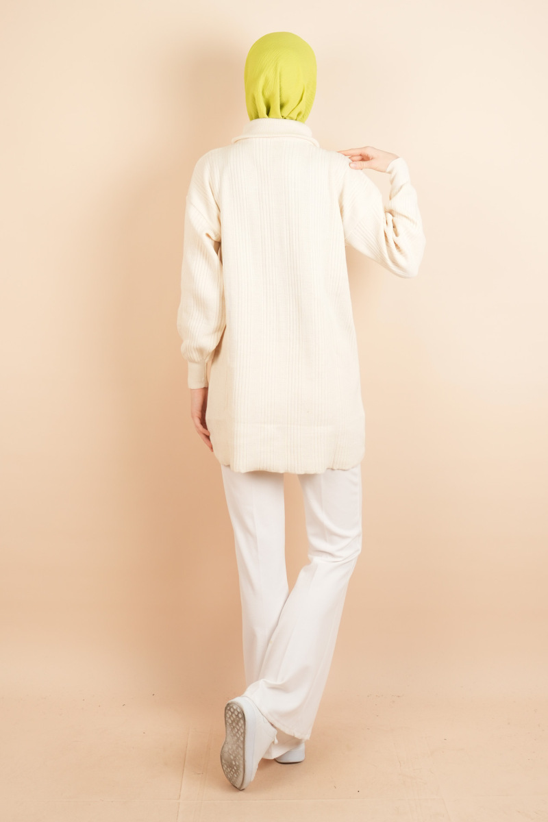 Yarım Fermuarlı Fitilli Tunik Kazak Krem - 4