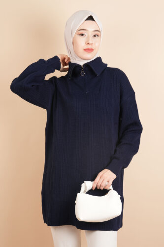 Yarım Fermuarlı Fitilli Tunik Kazak Lacivert - 03Kız Kulesi Teks