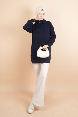 Yarım Fermuarlı Fitilli Tunik Kazak Lacivert - 03Kız Kulesi Teks (1)