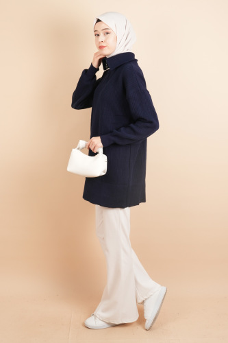 Yarım Fermuarlı Fitilli Tunik Kazak Lacivert - 3