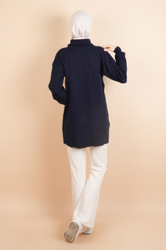 Yarım Fermuarlı Fitilli Tunik Kazak Lacivert - 4
