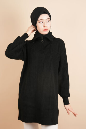 Yarım Fermuarlı Fitilli Tunik Kazak Siyah - 03Kız Kulesi Teks