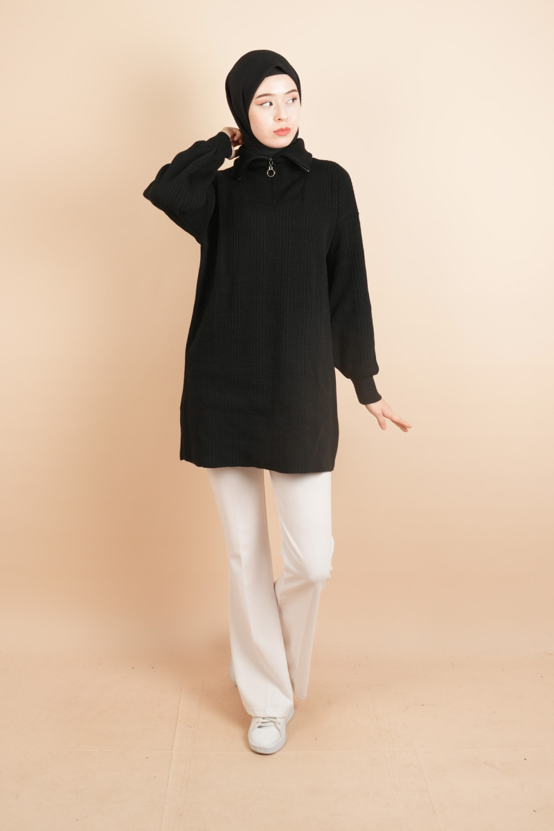 Yarım Fermuarlı Fitilli Tunik Kazak Siyah - 2