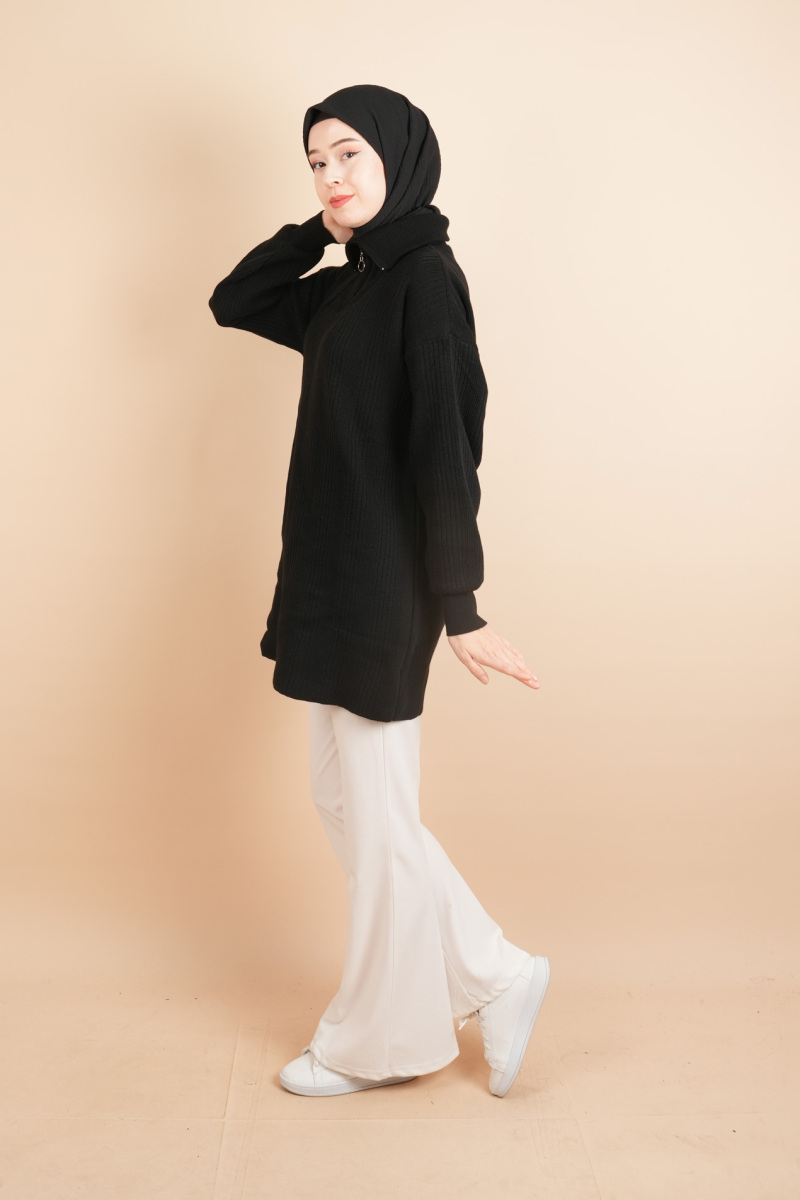 Yarım Fermuarlı Fitilli Tunik Kazak Siyah - 3