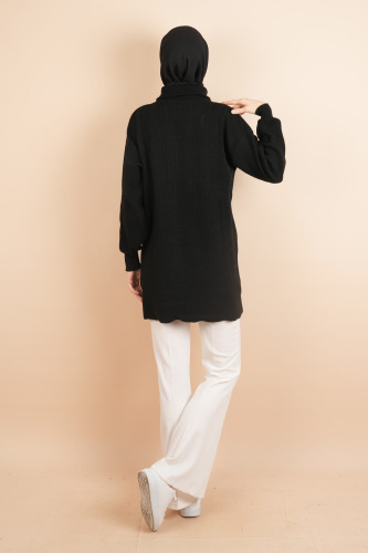 Yarım Fermuarlı Fitilli Tunik Kazak Siyah - 4