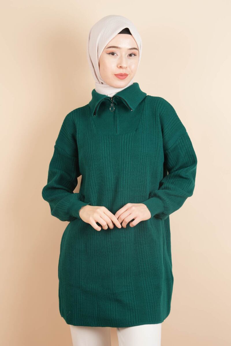 Yarım Fermuarlı Fitilli Tunik Kazak Zümrüt - 1