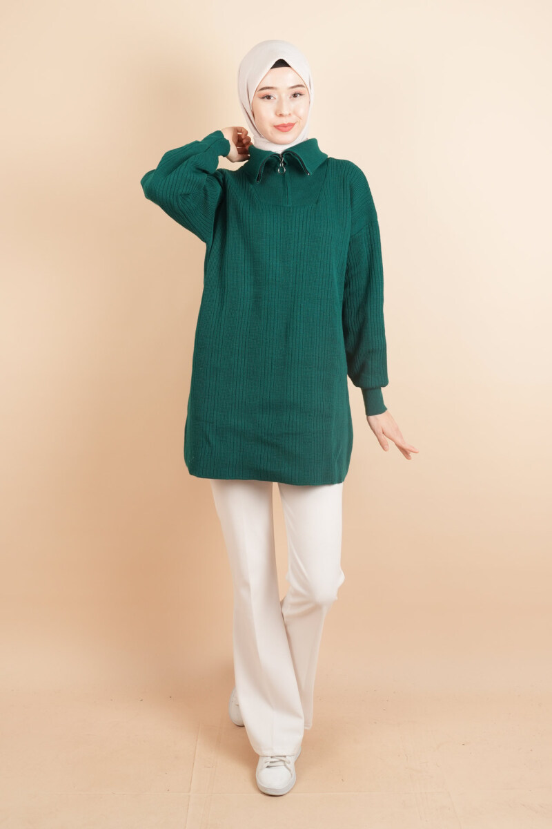 Yarım Fermuarlı Fitilli Tunik Kazak Zümrüt - 2